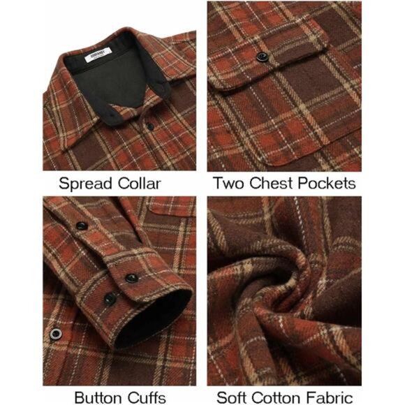 Men's Flannel Brown Shirts Long Sleeve Cotton Plaid Jacket Casual with Pockets - Picture 5 of 6